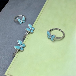 Бабочка Регулируемые кольца из искусственной бирюзы с 925 кольцами из стерлингового серебра, античное серебро, бабочка, 12x13.2 мм