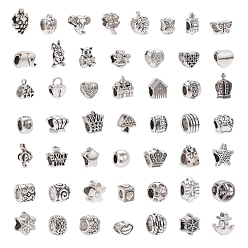Античное Серебро 50 шт 50 стиль европейские бусины из сплава в тибетском стиле, бусины с большим отверстием, без кадмия и без свинца, античное серебро, 1 шт / стиль