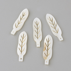 Creamy White Freshwater Shell Pendants, Leaf, Creamy White, 39x10x2mm, Hole: 1mm