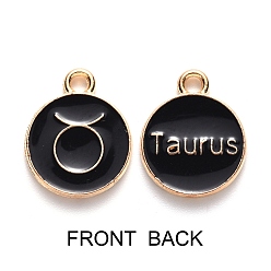 Taurus Alloy Enamel Pendants, Flat Round with Constellation, Light Gold, Black, Taurus, 15x12x2mm, Hole: 1.5mm, 100pcs/Box