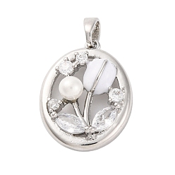 Платина Латунные микро проложить кубического циркония подвески, с пластиковым жемчугом и эмалью, овальные с цветком, платина, 20.5x16x6 мм, отверстие : 3x4.5 мм