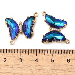 Medium Blue Brass Pave Faceted Glass Connector Charms, Golden Tone Butterfly Links, Medium Blue, 20x22x5mm, Hole: 1.2mm