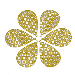 (932FM) Темно-синий аква-матовый с подкладкой 430 из нержавеющей стали филигранные подвески, окрашеные, гравированные металлические украшения, слеза, темно-золотистые, 35x22x0.5 мм, отверстие : 1.4 мм