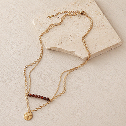 Granate 304 Collares de doble capa con colgante de moneda texturizada de acero inoxidable, Collares redondos facetados de granate naranja natural para mujer, real 18 k chapado en oro, 15.75 pulgada (40 cm)