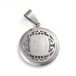 Jungfrau Anlaufgeschützt 304 Anhänger aus Edelstahl, flache Runde mit 12 Sternbild / Sternzeichen, Edelstahl Farbe, Jungfrau, 29x25x4.5 mm, Bohrung: 9x5 mm