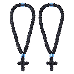 Черный 2шт. браслеты из вощеного шнура с подвесками, молитвенные браслеты для женщин и мужчин, крестик, с пластиковой бисера, чёрные, внутренний диаметр: 3 дюйм (7.7 см)