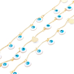 Cyan Handmade Textured Brass Bar Link Chains, with Brass Enamel Charm, Flat Round with Evil Eye, Long-Lasting Plated, Soldered, with Spool, Golden, Cyan, 17.5x1.5mm, about 32.8 Feet(10m)/roll