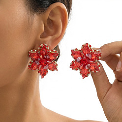 Red Alloy Rhinestone Stud Earrings for Women, Flower, Red, 43x38mm