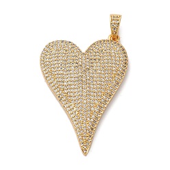 Настоящее золото 18K Латунные микропаве прозрачные подвески с фианитом, сердце прелести, стойки покрытие, прочное покрытие, без кадмия и без свинца, реальный 18 k позолоченный, 43.5x29.5x4 мм, отверстие : 3x5.5 мм