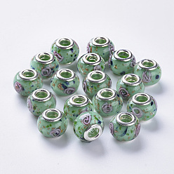 Средний Аквамарин Ручная работа золотой песок Lampwork европейские шарики, бусины с большим отверстием, с платинового цвета латуни двойные сердечники, рондель, средний аквамарин, 14x11 мм, отверстие : 5 мм