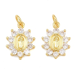 Chapado en Oro Real 18K Latón micro pavimenta claro colgantes de circonio cúbico, flor con amuletos de la Virgen María, sin plomo y cadmio, chapado en rack, larga duración plateado, real 18 k chapado en oro, 15.5x11.5x3 mm, agujero: 3 mm