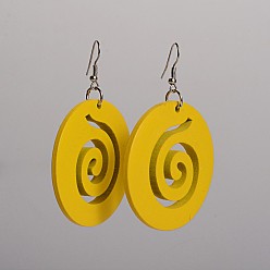Желтый Плоские круглые кружили деревянные мотаться, с платиновым покрытием серьги железа крючки, желтые, 71x50 мм , штифт: 0.8 мм