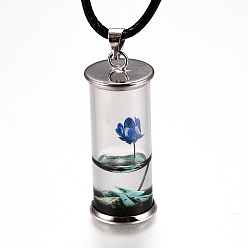 Темно-Синий Стеклянные бутылки желая кожаный шнур кулон ожерелья, с сушеными цветами и бусинами из натуральных драгоценных камней внутри, платина, темно-синий, 17-3/8 дюйм (44.05 см)