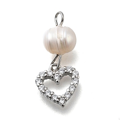 Платина Латунные микро проложить кубического циркония подвески, сердце, стойки покрытие, долговечный, с натуральной жемчужиной, без кадмия и без свинца, платина, 21 мм, отверстие : 1.5 мм