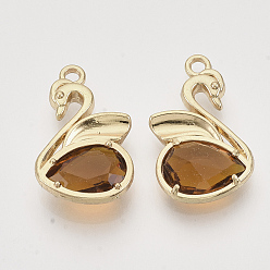 Light Gold Eco-Friendly Alloy Pendants, with Faceted Glass, Nickel Free, Swan, Saddle Brown, Light Gold, 20x12.5x4mm, Hole: 1.5mm