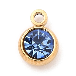 Капри Синий 304 прелести нержавеющей стали, с акриловыми стразами, очарование камня, граненые, плоско-круглые, золотые, Капри синий, 8.2x6x3.5 мм, отверстие : 1.2 мм