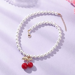 Золотой Латунная смола, подвеска из красной вишни, ожерелье из круглых белых ракушек с жемчужными бусинами, золотые, 16.10 дюйм (40.9 см)