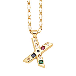 Letter X Подвеска-колье с инициалом из латуни, украшенная разноцветными кубическими циркониями., золотые, Письмо X, 17.32 дюйм (44 см), Кулон : 20x16 мм