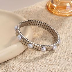 Нержавеющая Сталь Цвет 304 Эластичные браслеты из нержавеющей стали и пластиковых бусин с жемчугом для женщин, круглые, цвет нержавеющей стали, внутренний диаметр: 2.28 дюйм (5.8 см)