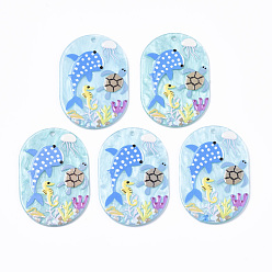 Разноцветный Подвески из ацетата целлюлозы (смолы), 3 d распечатано, овал с морским животным, красочный, 45x31x2.5 мм, отверстие : 2 мм