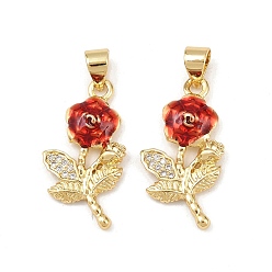Настоящее золото 18K Кулоны с фианитами из латуни, прелести цветка розы, без свинца и без кадмия, долговечный, стойки покрытие, реальный 18 k позолоченный, 23.5x12x3 мм, отверстие : 5x3.5 мм