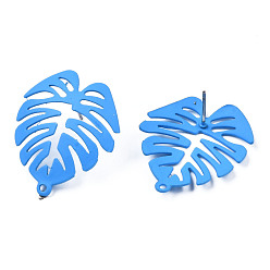Dodger Blue Spray Painted Iron Stud Earring Findings, with Horizontal Loops, Monstera Leaf, Dodger Blue, 28.5x24mm, Hole: 1.4mm, Pin: 0.7mm