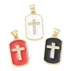Mixed Color Religion Cross Brass Micro Pave Clear Cubic Zirconia Pendants, Rectangle Dog Tag Charms with Enamel, Lead Free & Cadmium Free, Long-Lasting Plated, Rack Plating, Real 18K Gold Plated, Mixed Color, 23x13x2mm, Hole: 5x3.5mm