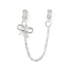 Bowknot Латунные паве прозрачные кубические цирконии европейские защитные цепи с подвесками, долговечный, стойки покрытие, серебро , бантом, 80 мм, отверстие : 5x3 мм, бант : 9.5x12x2 мм