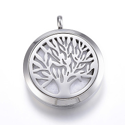 White 316 Surgical Stainless Steel Diffuser Locket Pendants, with Perfume Pad and Magnetic Clasps, Flat Round with Tree of Life, White, 36.5x30x6.5~7mm, Hole: 5mm