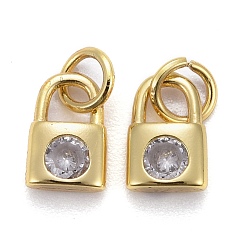 Clear Brass Micro Pave Cubic Zirconia Pendants, Long-Lasting Plated, Golden, with Jump Rings, Lock, Clear, 9x6x2.5mm, Hole: 3mm
