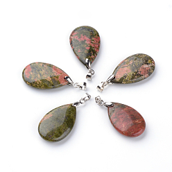 Unakite Natural Unakite Pendants, with Brass Findings, teardrop, Platinum, 30x18x6mm, Hole: 5x4mm