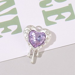 Фиолетовый Прелести сплава Rhinestone, матовый серебристый цвет, сердце, фиолетовые, 24x17 мм