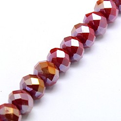 Dark Red Electroplate Opaque Solid Color Crystal Glass Rondelle Beads Strands, Faceted, AB Color Plated, Dark Red, 10x7mm, Hole: 1mm, about 70pcs/strand, 20 inch