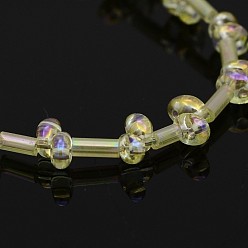 Шампанско-Желтый 2 отверстие гальванических стекла овальной шарик нити, с полным покрытием цвета радуги, со стеклянной стеклярусом, шампанское желтый, 5x3 мм, отверстие : 1 мм, около 114 шт / нитка, 17.3 дюйм