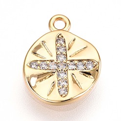Настоящее золото 18K Латунные микропаве прозрачные подвески с фианитом, плоские круглые с поперечными прелести, без кадмия, без никеля и без свинца, реальный 18 k позолоченный, 12.2x9.8x2.7 мм, отверстие : 1.2 мм