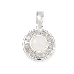 Silver Brass Pave Clear Cubic Zirconia Charms, with Shell, Flat Round Charms, Silver, 13x11x3.5mm, Hole: 3x5mm