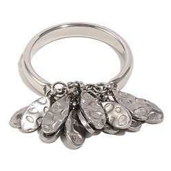Stainless Steel Color 304 Stainless Steel Hammered Disc Tassel Finger Rings, Leaf, Stainless Steel Color, US Size 7(17.3mm)