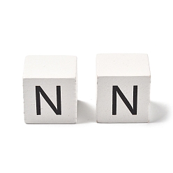 Letter N Древесина европейского бисера, бусины с большим отверстием, куб с письмом, Письмо N, 30.5x30.5x29.5~30.5 мм, отверстие : 5 мм