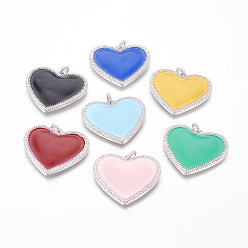 Mixed Color Brass Enamel Pendants, with Micro Pave Cubic Zirconia, Heart, Platinum, Mixed Color, 35x39x4mm, Hole: 2.5x3mm