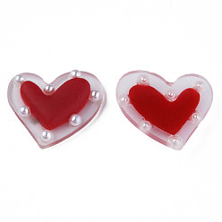 Dark Red Acrylic Cabochons, with ABS Plastic Imitation Pearl Beads, Heart, Dark Red, 21x24x5.5mm