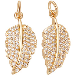 Золотой 8 латунные подвески шт., с прозрачным кубическим цирконием и прыжковыми кольцами, очарование листа, золотые, 19x10x2 мм, отверстие : 3 мм