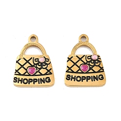 Camellia 304 Stainless Steel with Enamel Pendants, Ion Plating(IP), Bag with Word Shopping & Heart Charms, Golden, Camellia, 15.5x12x1.5mm, Hole: 1.6mm