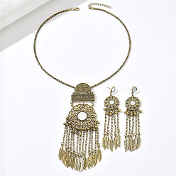 Античное Золото Винтажный ювелирный набор с подвеской в виде цветка и зеркала из сплава, Богемное колье и серьги с кисточками для женщин, античное золото , ожерелья: 19.69 дюйм (50 см)