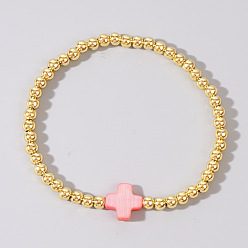 Pink Латунные круглые бусины эластичные браслеты, Окрашенные натуральные ракушки, крестики-украшения для женщин, золотые, розовые, 6.89 дюйм (17.5 см)