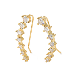 Real 18K Gold Plated Clear Cubic Zirconia Curved Bar Dangle Earrings, Brass Jewelry for Women, Real 18K Gold Plated, 27~28x6~9mm