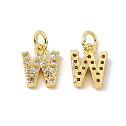 Letter W Real 18K Gold Plated Brass Micro Pave Clear Cubic Zirconia Charms, with Jump Ring, Letter.W, 11x9x2.5mm, Hole: 3.4mm