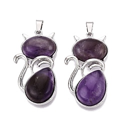 Amethyst Natural Amethyst Pendants, Alloy Cat Shape Bezeled Charms, Platinum, 44~44.5x23.5~24x8~9.5mm, Hole: 7.5x4mm