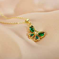 Темный Морско-зеленый Латунные ожерелья с подвеской в виде бабочки из кубического циркония, 316l ожерелья из хирургической нержавеющей стали с цепочкой для женщин, золотые, темно-зеленый, 17.72 дюйм (45 см)