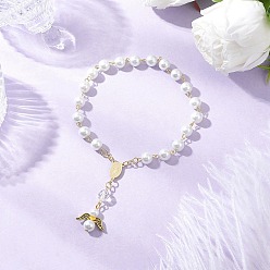 Античное Золото Браслеты с подвесками в виде ангела из сплава в тибетском стиле, браслеты из круглых бусин из перламутрового стекла, с 304 элементами люстры из нержавеющей стали, античное золото , внутренний диаметр: 2-7/8 дюйм (7.3 см), Кулон : 22x20x8 мм