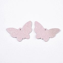 Pink Pendentifs en cuir pu, avec poudre scintillante double face, papillon, rose, 32.5x48x1.5~2mm, Trou: 2.5mm